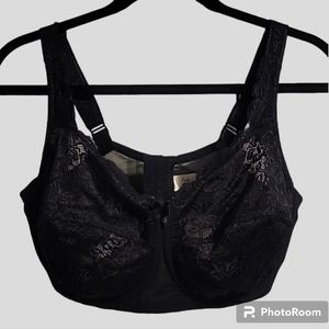 Elila Bra Women's Sz 36G Black Underwire Floral Lace Semi-Sheer Full Coverage